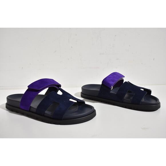 Hermes Chypre Sandal Black Violet Purple Blue H Logo Strap Slide Slip On Flat 37 - Picture 5 of 12